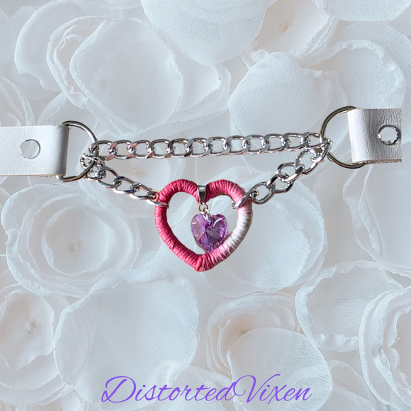 Handmade Jewelry - Pink & White Heart Choker Wrapped Fiber Heart with Crystal Charm